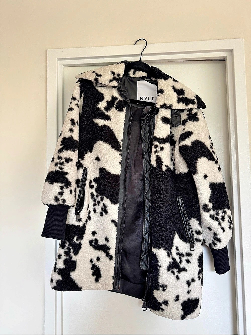 NVLT Cow Print Sherpa Fleece Jacket in Black & White